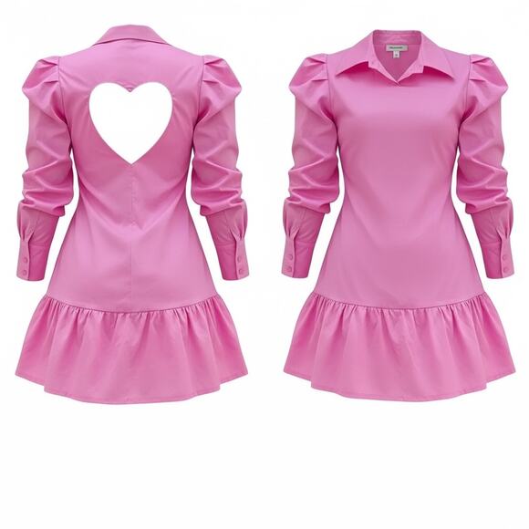 DRESS: Pink w/Heart Cut-Out, Long Sleeves, Ruffled Hem, & Elastic Waist, NWOT - Picture 2 of 8